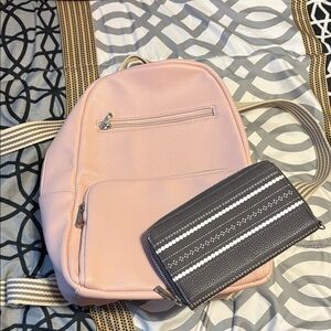 Thirty-One Blush Backpack with Charcoal Wallet NWOT